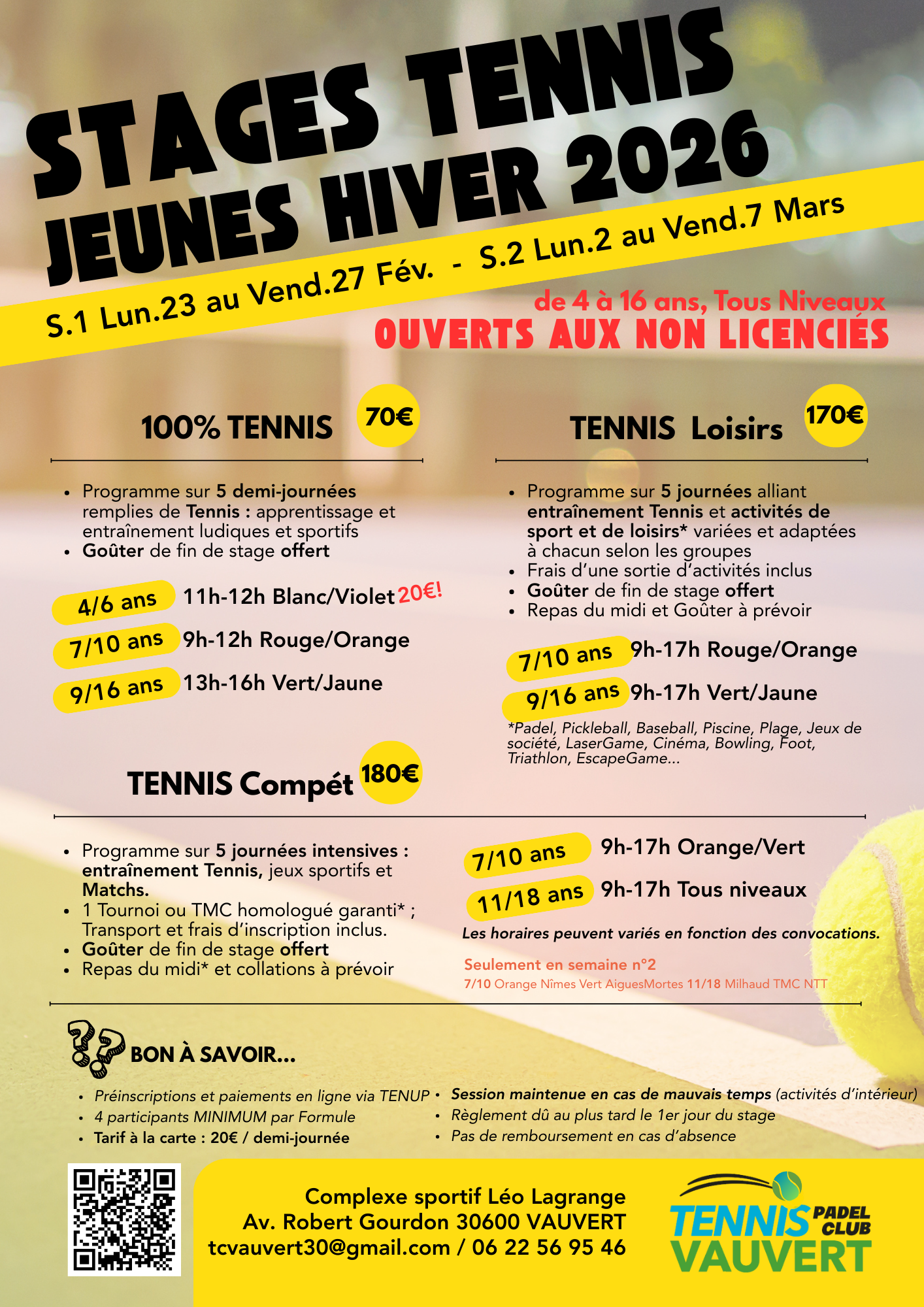 Stages d'Hiver de Tennis - Pour les Jeunes - Vauvert vacances février et mars 2026